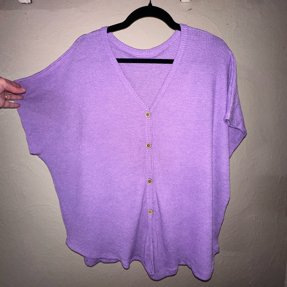 Purple Button-Up waffle Knit Top